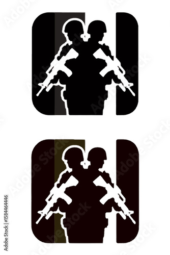 stylized icon of two armed soldiers standing back-to-back with rifles, shown in black and olive background color versions