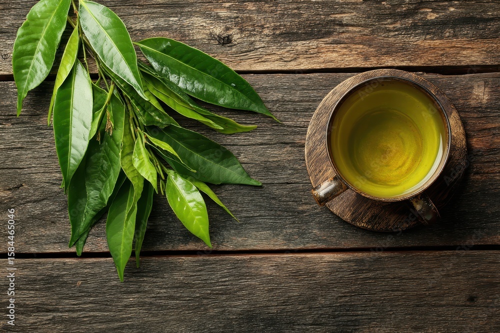 Fototapeta premium Fragrant green tea and leaves on a wooden table