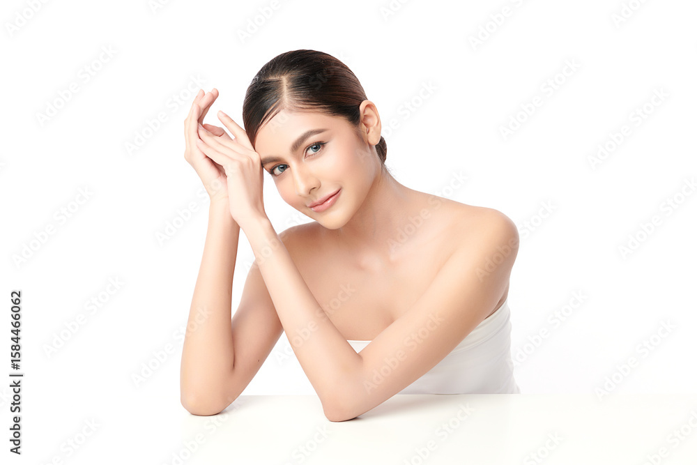 A beautiful young Asian woman with clean, fresh skin against a white background. Skincare, facial treatment, cosmetology, beauty, and spa. An elegant portrait of an Asian woman. A beautiful young Asian woman with clean, fresh skin against a white background. Skincare, facial treatment, cosmetology, beauty, and spa. An elegant portrait of an Asian woman.