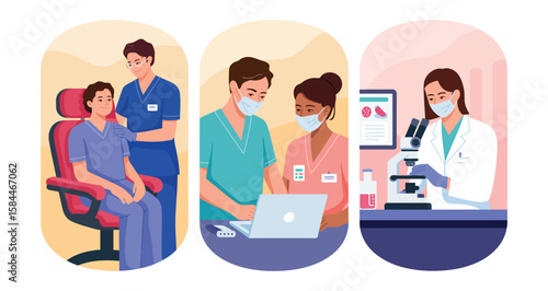 Healthcare-themed triptych showing doctor-patient interaction, medical team consultation, and lab research scene with microscope and test tube on clean background