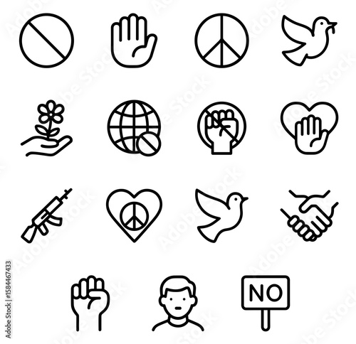 Simple Outline Peace and Anti War Sign Icon Set