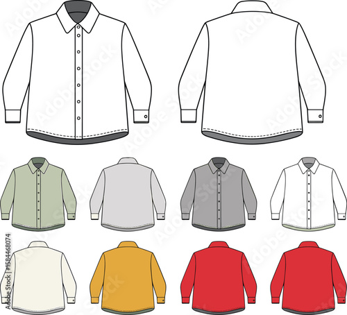 Men's button-up shirt flat sketch, front and back views, color variations included, technical fashion drawing for apparel design template
