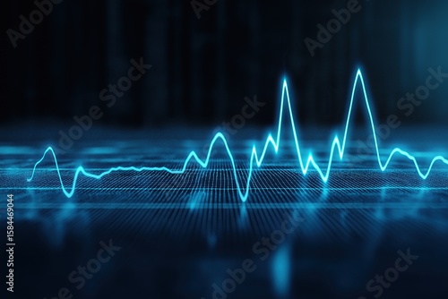 Dynamic blue line graph on dark background with audio equalizer grid and sound waves for digital financial market data visualization