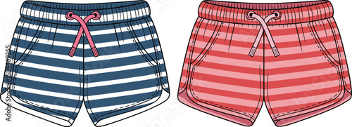 Striped shorts vector template, fashion flat sketch, summer beachwear design, drawstring waistband, sporty style, front view apparel illustration