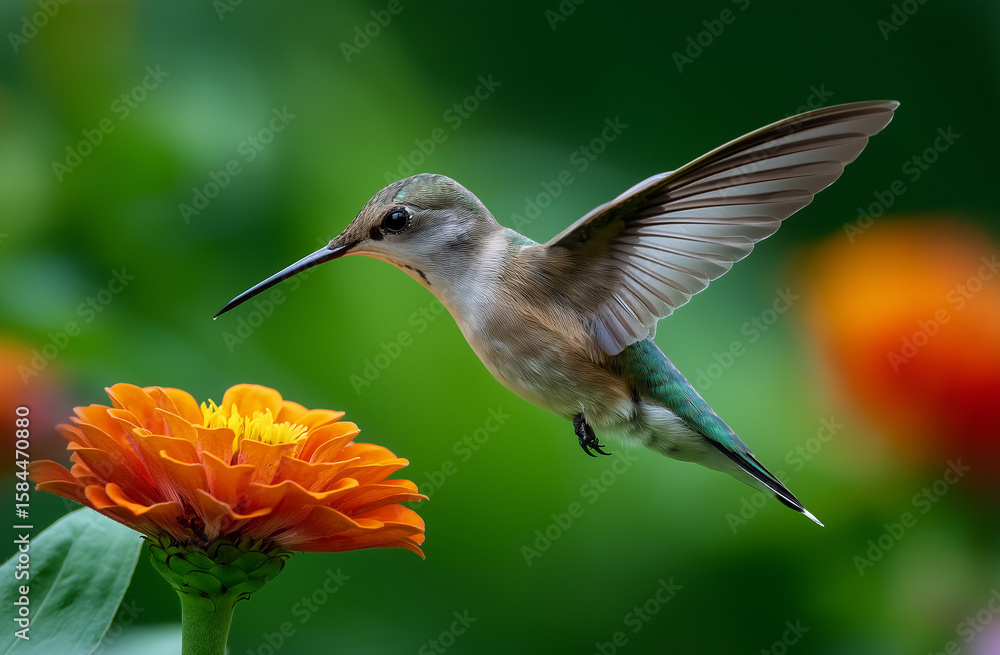 Obraz premium Photo of a hummingbird flying near a zinnia flower, with a green background and blurred edges