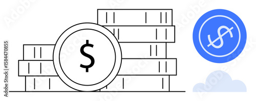 Stacks of coins with a dollar symbol beside a blue dollar circle and cloud, symbolizing financial growth, online payments, savings, investment, cash flow, e-commerce, and digital economy. A simple