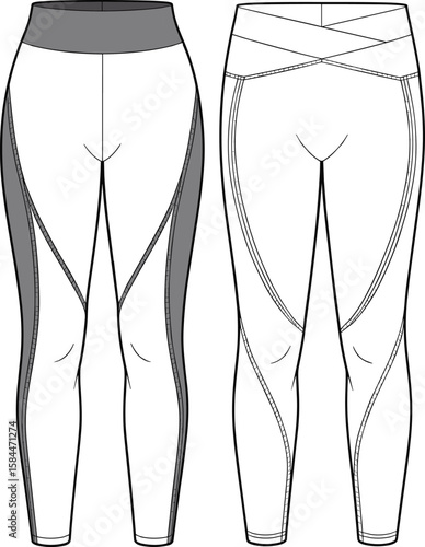 Women’s athletic leggings flat sketch, high waist fitness pants design, front and back technical drawing, modern workout apparel template