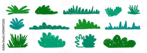 Hand drawn bushes and grass collection. Green crayon shrubbery set. Doodled shrub and tree shape bundle. Pencil sketched foliage elements. Scribbled cartoon green plant pack. Vector illustration