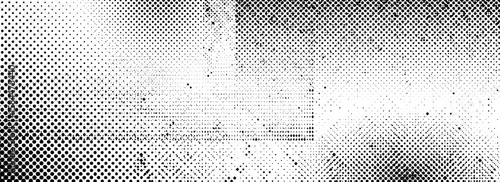 Rough grunge halftone texture. Distressed dirty aged background. Black dotted wallpaper for banner, poster, flyer, print, magazine, brochure. Scuffed ragged vector backdrop. Damaged glitch overlay 