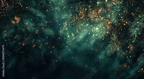 Sparkling Christmas tree branches in a dark, moody background