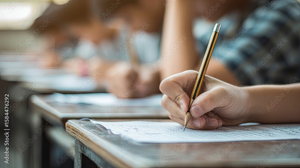 Obraz premium Students hand writes on exam paper focusing on a pencil marking a test in a classroom setting