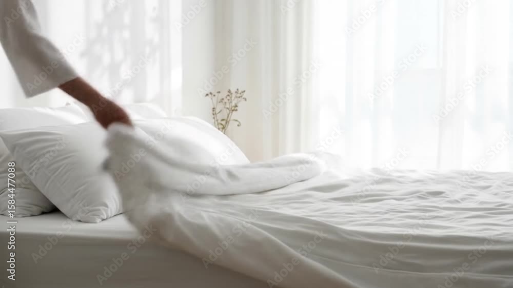 Making a Bed: Hand Smoothing White Sheets in Bright, Minimalist Bedroom Making a Bed: Hand Smoothing White Sheets in Bright, Minimalist Bedroom
