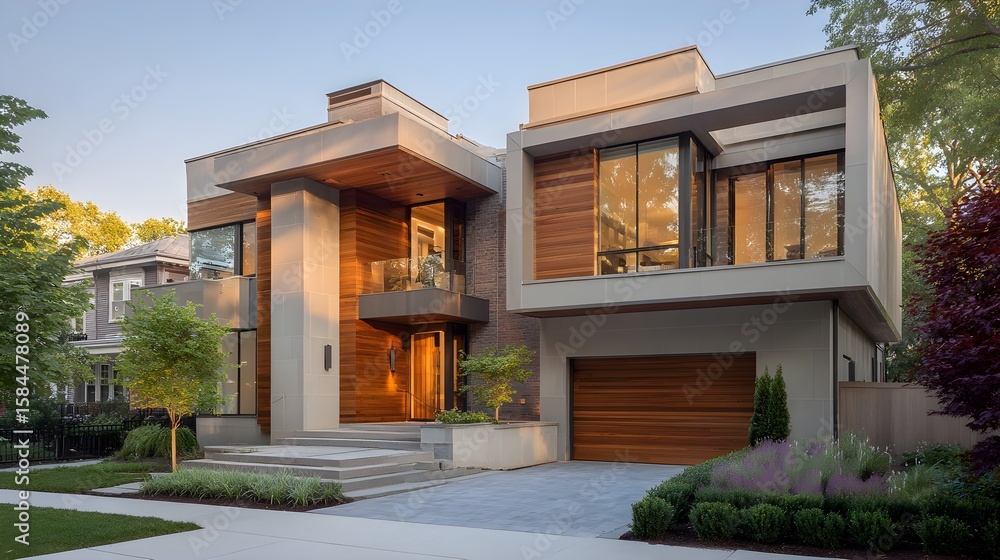 Obraz premium Modern Minimalist House Design with Neutral Colors and Sleek Lines Under Natural Daylight