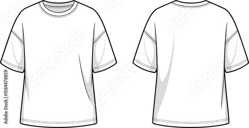 Cad drawing flat vector illustration of oversized unisex t-shirt, front and back view, technical fashion sketch, round neck short sleeve tee shirt design template.