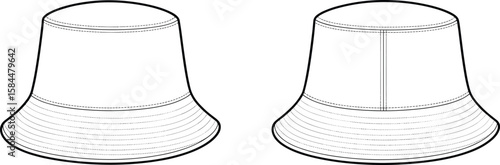 Cad drawing flat vector illustration of bucket hat, front and back view, fashion accessory design, stitched brim detailing, unisex summer hat, headwear technical sketch.