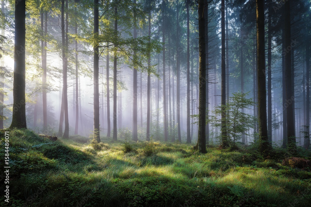 Naklejka premium Morning mist in woods near Bad Marienberg Westerwald Rhineland Palatinate Germany