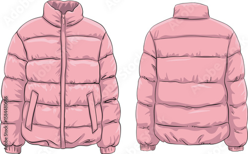 Cad drawing flat vector illustration of pink puffer jacket, winter coat design, warm quilted outerwear, fashion technical sketch, front and back view, casual style.