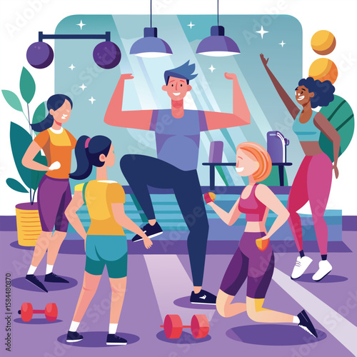 Group fitness class illustrated showing people working out in a modern gym setting