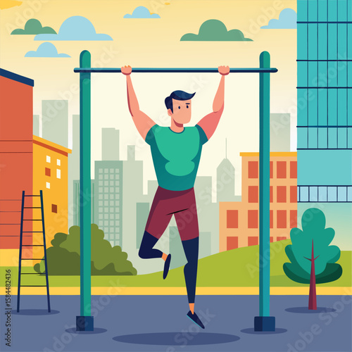 Vector illustration of a man doing calisthenics on a pull up bar outdoors
