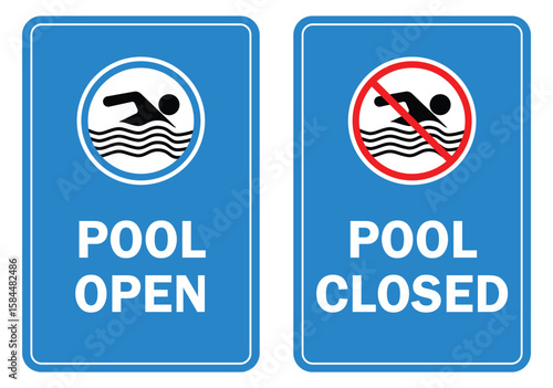 swimming pool open and close sign in blue