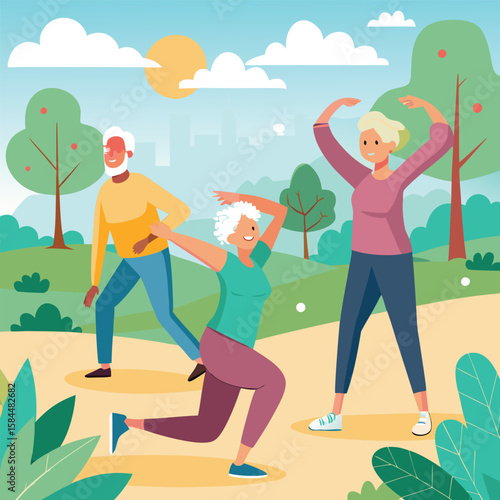 Active seniors exercising outdoors in park illustrating healthy lifestyle and wellbeing
