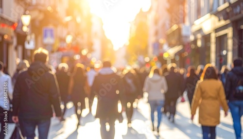Fototapeta Naklejka Na Ścianę i Meble -  Blurred crowd of shoppers walking on a sunny, busy city street, light flares in background.