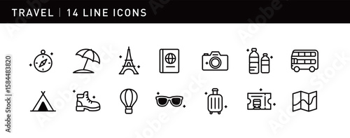 14 elegant icons capture the essence of travel, including compass, tent, passport, camera, and map, perfectly embodying adventure and exploration.