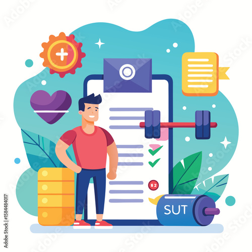 Fitness and healthy lifestyle illustration showing exercise plan and gym activities