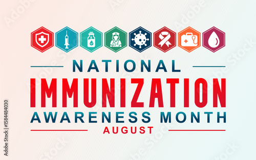 National Immunization Awareness Month. August celebrates immunization month with a banner or poster featuring icons of various medical devices, nurses, and ribbons. Best for banners, posters, card.