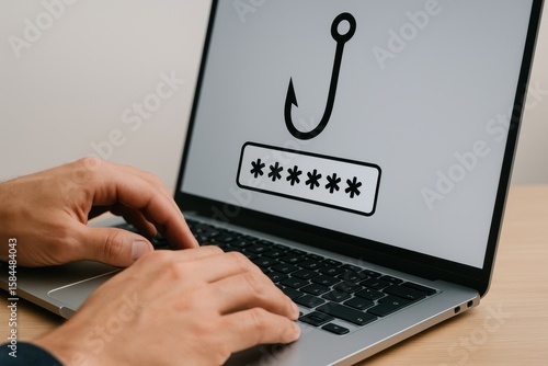 Cybersecurity Concept Depicting Phishing Threat with Laptop and Hook Symbol Representing Online Safety Risks and Password Protection Challenges