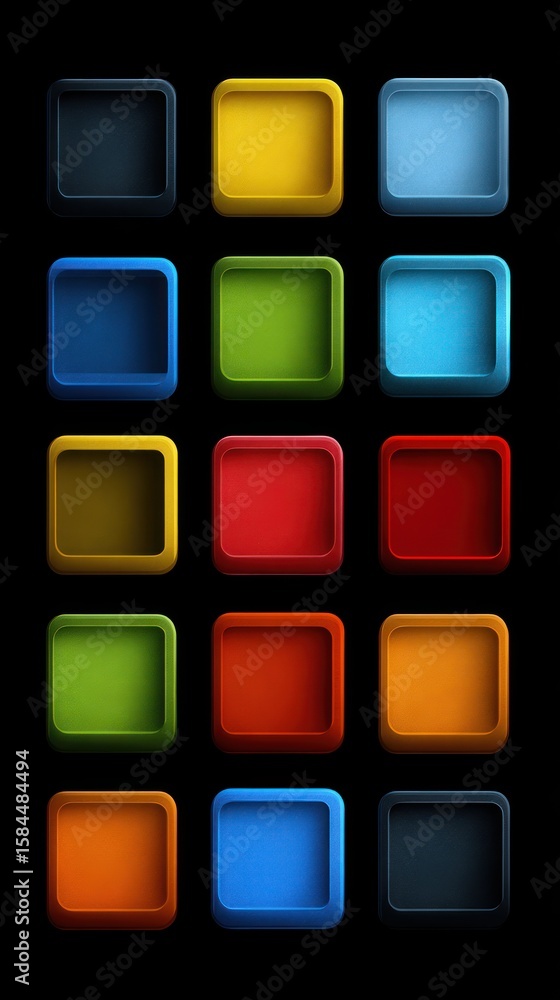 Array of 15 rounded square icons in various colors on a black background Array of 15 rounded square icons in various colors on a black background
