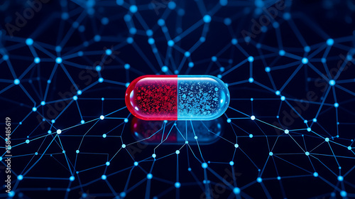 A futuristic medicine capsule in red and blue, representing technology and pharmaceutical research, with a networked background.