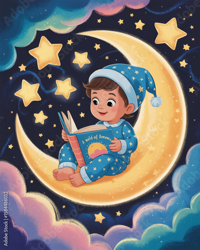 Child in Pajamas Reading on Crescent Moon — Dreamy Night Sky Nursery Vector Illustration

