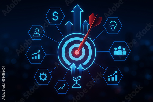 Dart hitting bullseye on target surrounded by glowing blue business icons and growth arrows
