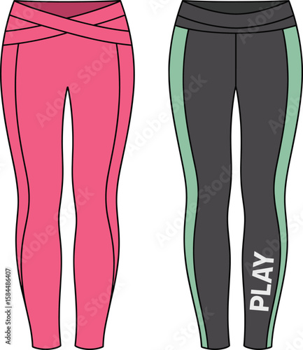 Trendy women's high waist leggings with contrast side panels and crossover waistband, ideal for fitness, yoga, gym, and sportswear design