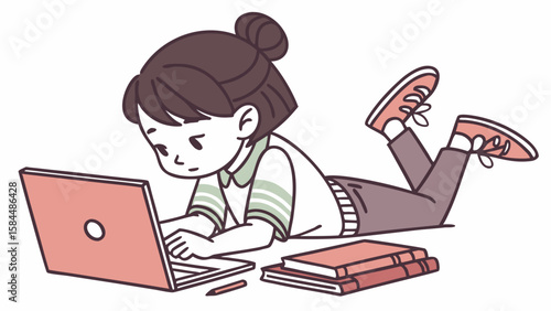 Girl lying down using a laptop with books and a pencil nearby in a relaxed studying scene