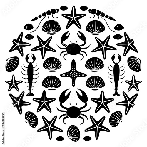 Black marine life silhouettes arranged in a circle