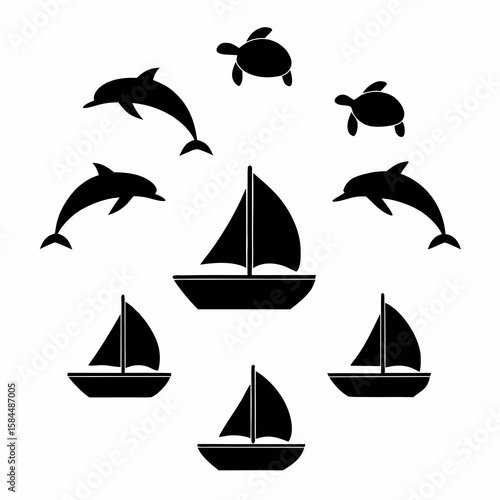 Black silhouette marine life and sailboats white background