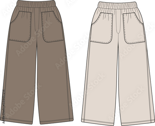 Trendy wide-leg pants fashion flat sketch, elastic waist lounge trousers with front patch pockets, casual minimal design for womenswear apparel