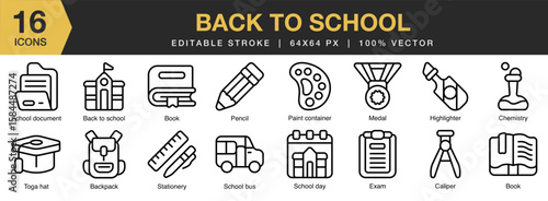 Back To School icon set. Editable Stroke Icon Collection. Includes education, back to school, school, student, pencil, and More. Outline icons vector collection.