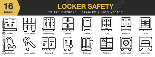 Locker Safety icon set. Editable Stroke Icon Collection. Includes safety, locker, lock, safe, security, and More. Outline icons vector collection.