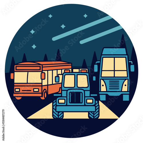 Orange bus blue tractor blue bus night stars