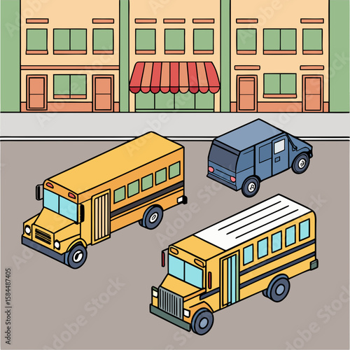 Yellow school buses and blue van transportation vehicles