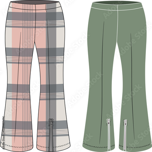 Trendy plaid and solid women’s leggings pants design, stylish zipper detail, fashionable casual wear vector illustration for clothing pattern showcase