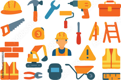 Building a Vision: A colorful graphic of construction tools, and equipment arranged with an illustration of construction worker, safety vest, brick, ladder, hard hat and more.
