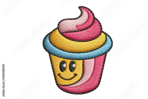 Smiling cupcake embroidered patch smiling face pink