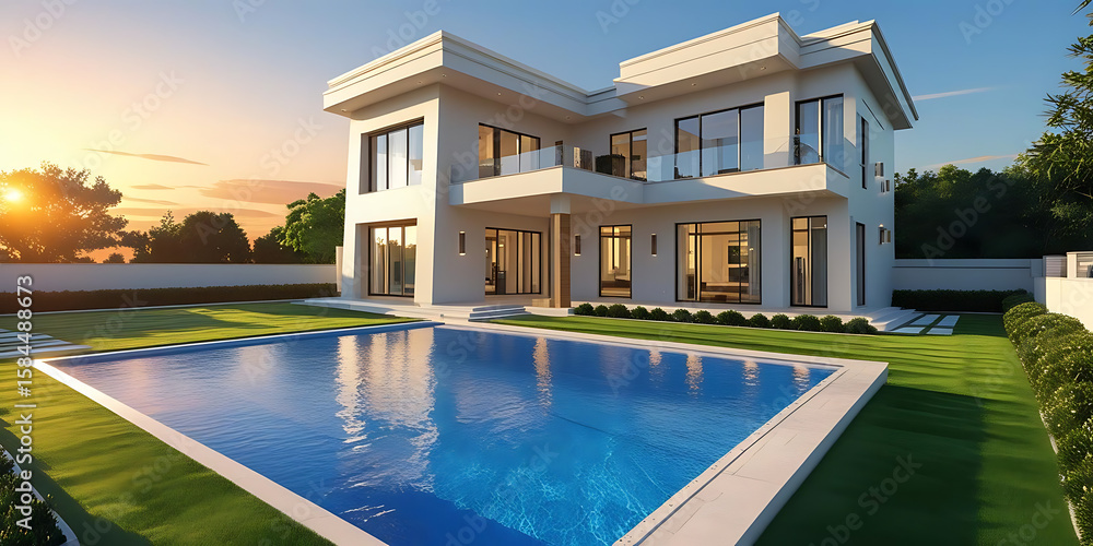Fototapeta premium Modern White Mansion with Pool Reflecting Sunset and Lush Green Lawn
