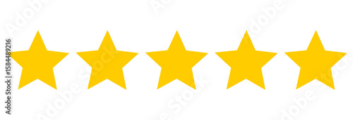 Gold star rating bar with five yellow stars. Transparent PNG for review badges, feedback ratings, score icons, and positive testimonial graphics
