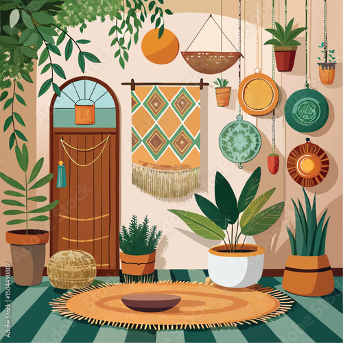 Bohemian interior illustration with plants and decorative wall hangings on white backdrop