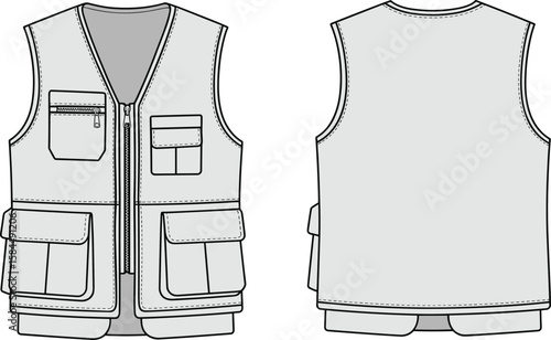 Cad drawing flat vector illustration of multi-pocket utility vest, fashion technical sketch, front and back view, garment template